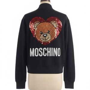 Moschino Kids Black Jacket with Sequin Bear and Heart